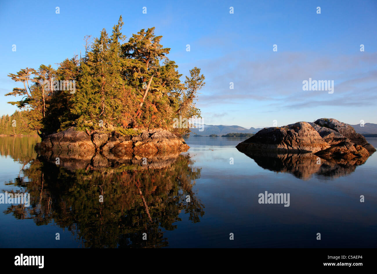 Zwei Inseln in der gebrochenen Insel Gruppe Barkley sound Vancouver island BC bei Sonnenaufgang auf einem ruhigen Julimorgen Stockfoto