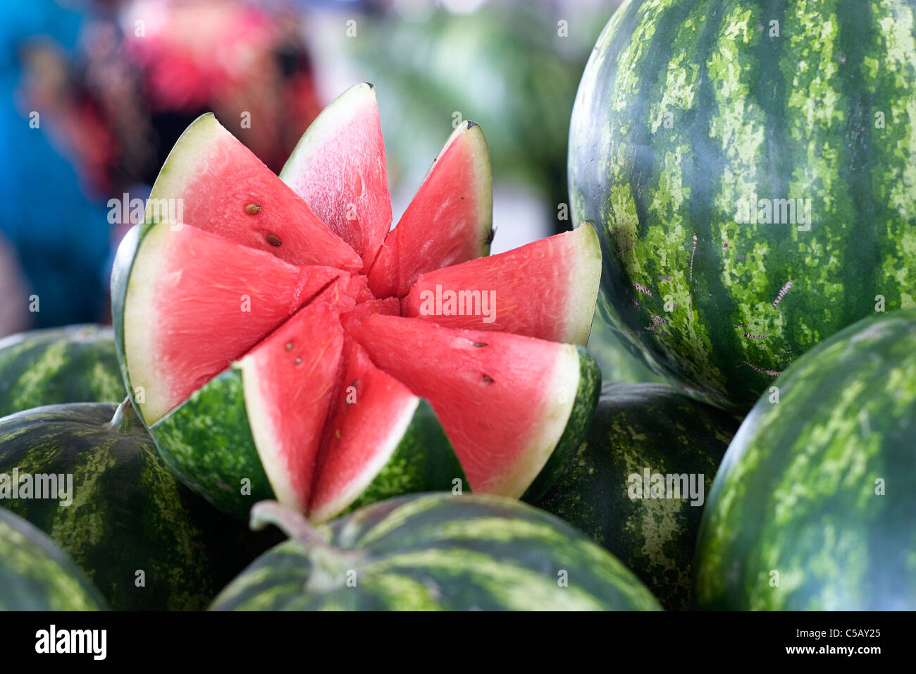 Wassermelone zum Verkauf auf Markt, Samarkand, Usbekistan Stockfoto