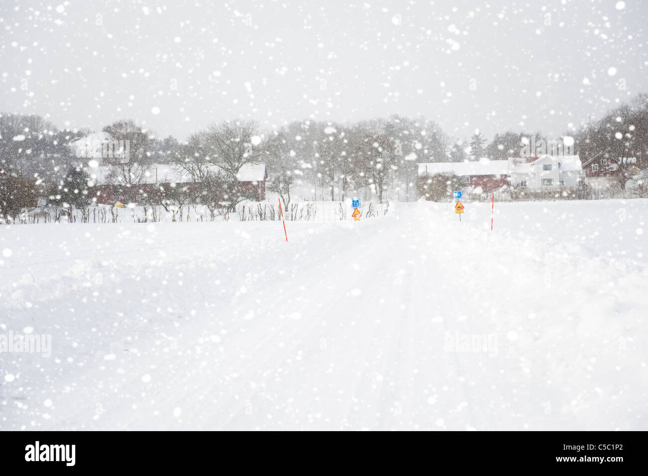 Winterdienst bei schlechtem Wetter mit Bäumen und Häusern im Hintergrund Stockfoto