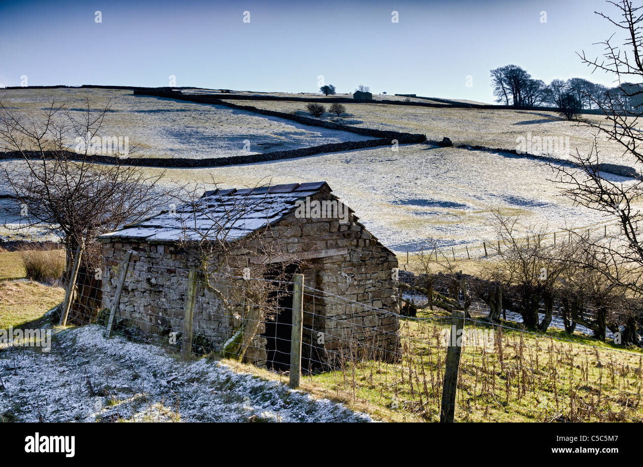 Vergossen Sie In verschneiter Landschaft. Yorkshire Dales, England Stockfoto