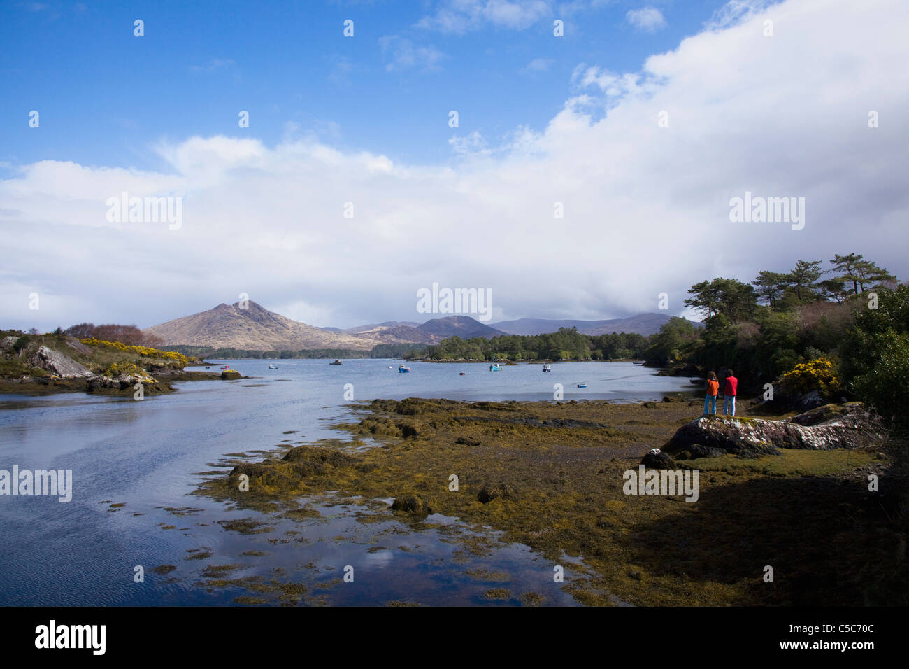 Zwei Menschen an der Küste aus mit Blick auf das Wasser; Lauragh, County Kerry, Irland Stockfoto