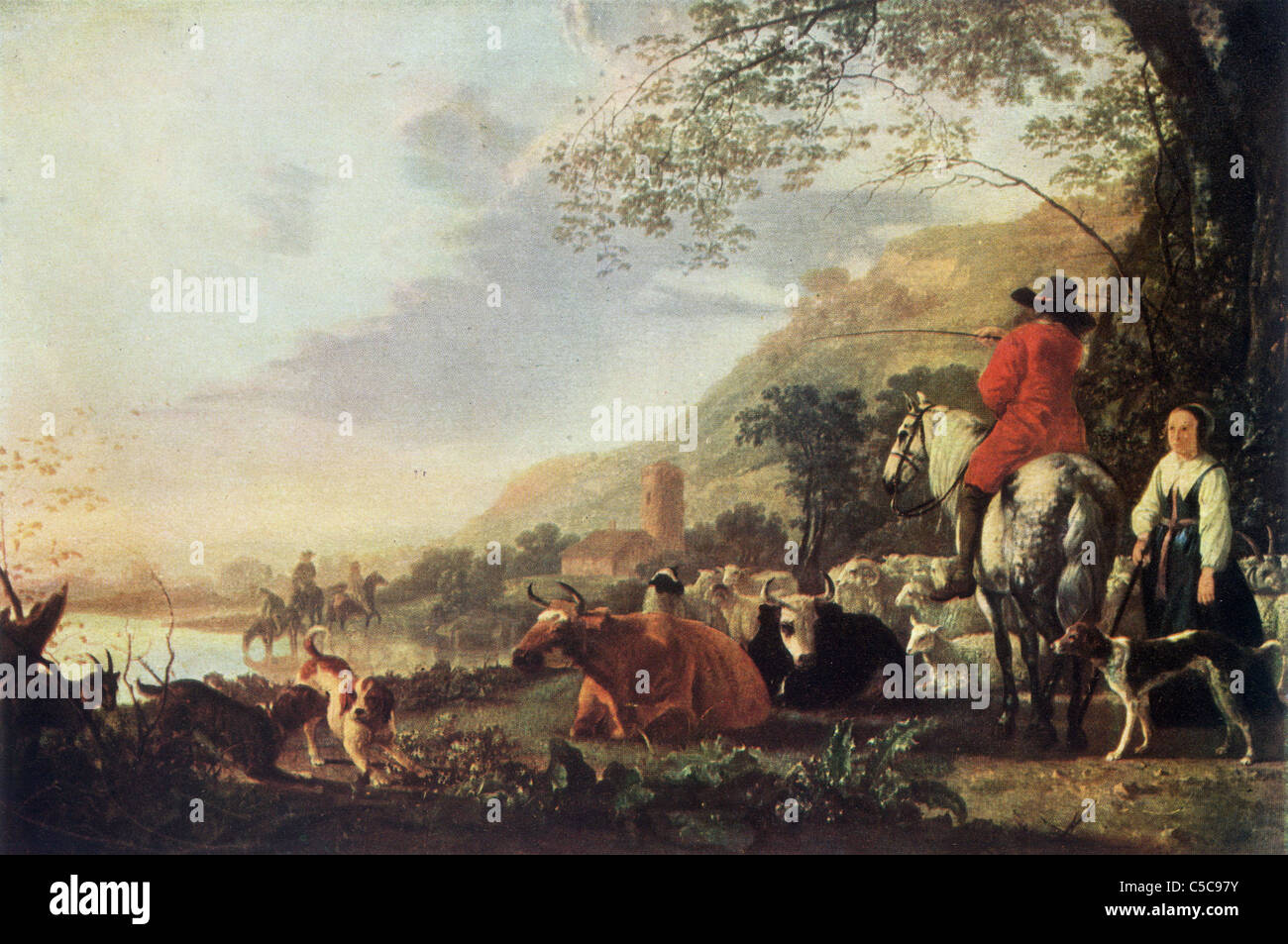 Gemälde von Aelbert Cuyp, späten Holländische Schule; "Landschaft, Rinder mit Figuren: Abend", Öl auf Leinwand Stockfoto