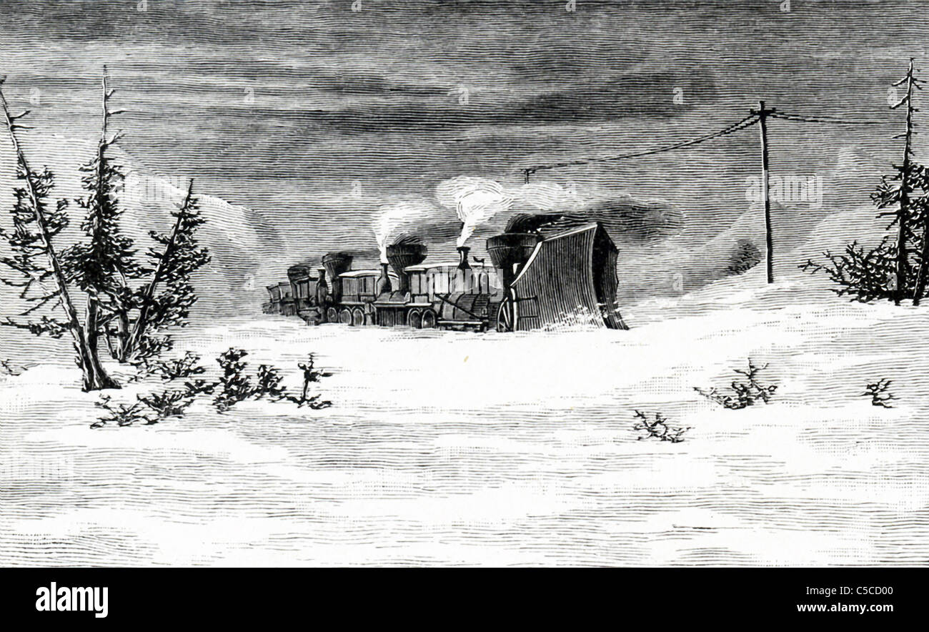 Die Central Pacific Railway hatte ein Mammut Schneepflug auf zwei vierrädrigen Lastwagen ruhte. Stockfoto