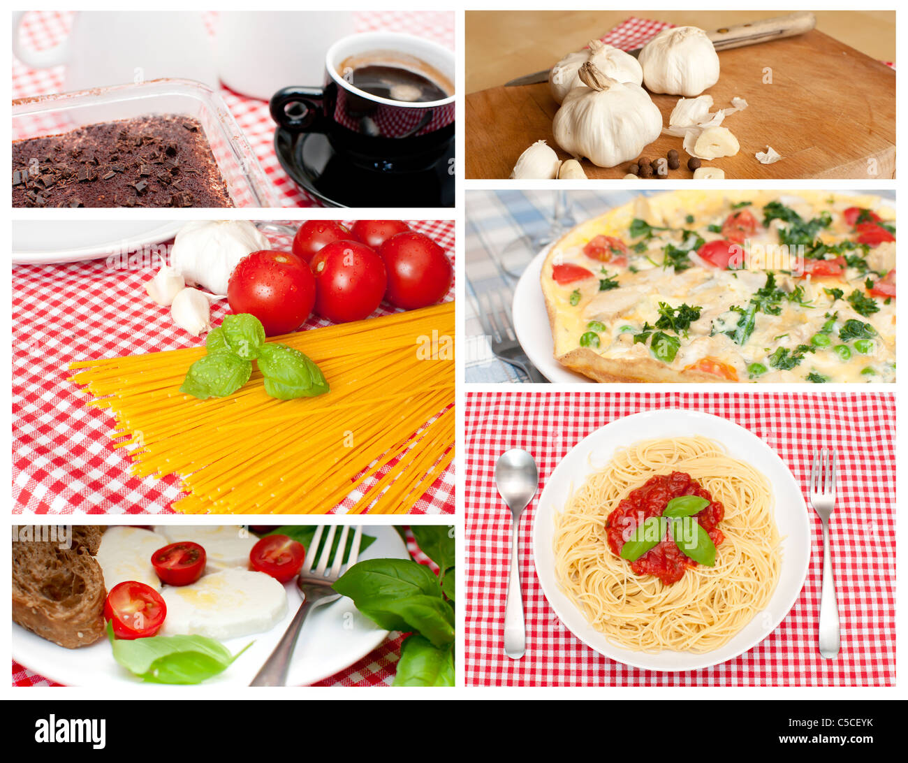 Europäische Küche - Collage - Tiramisu, Spaghetti, Omelett, Caprese, Knoblauch Stockfoto