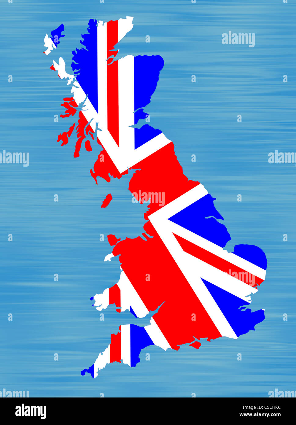 Zeichnung einer Landkarte von Großbritannien verfüllten mit britischer Flagge. Stockfoto