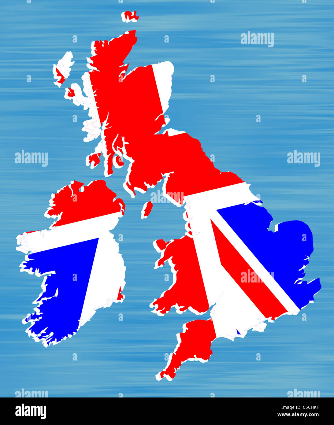 Zeichnung einer Landkarte von Großbritannien verfüllten mit britischer Flagge. Stockfoto