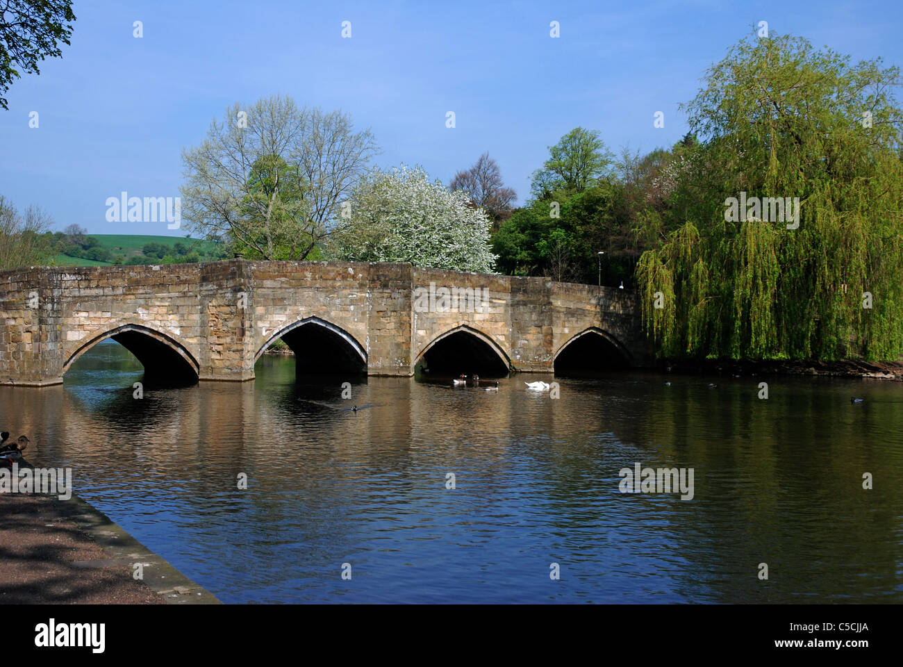 Fluss Wye fließt durch die Stadt Bakewell Derbyshire England Stockfoto