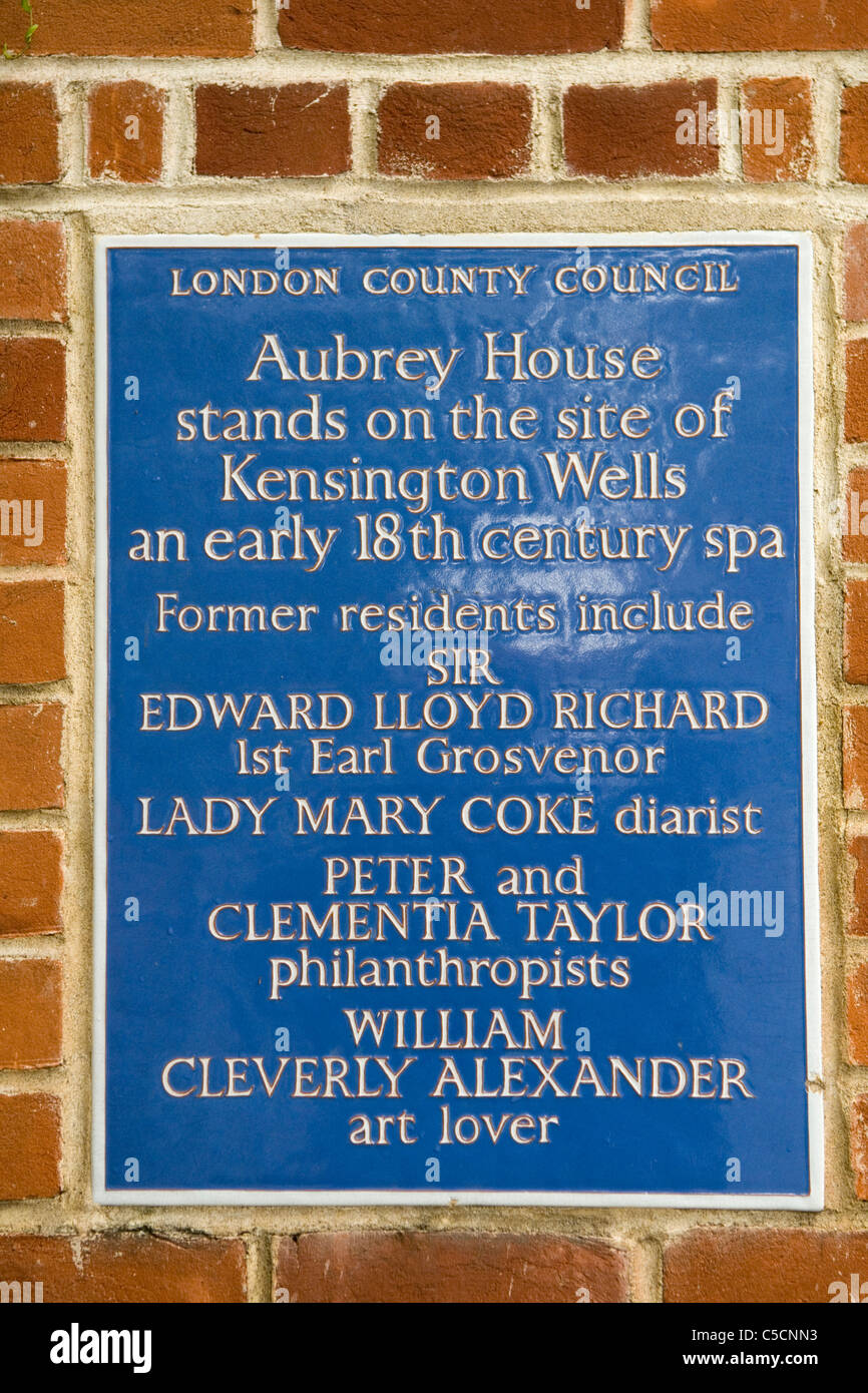 Blaue Plakette Aubrey House Blaue Plakette Aubrey Walk. Holland Park Royal Borough von Kensington und Chelsea. London Großbritannien. England HOMER SYKES Stockfoto