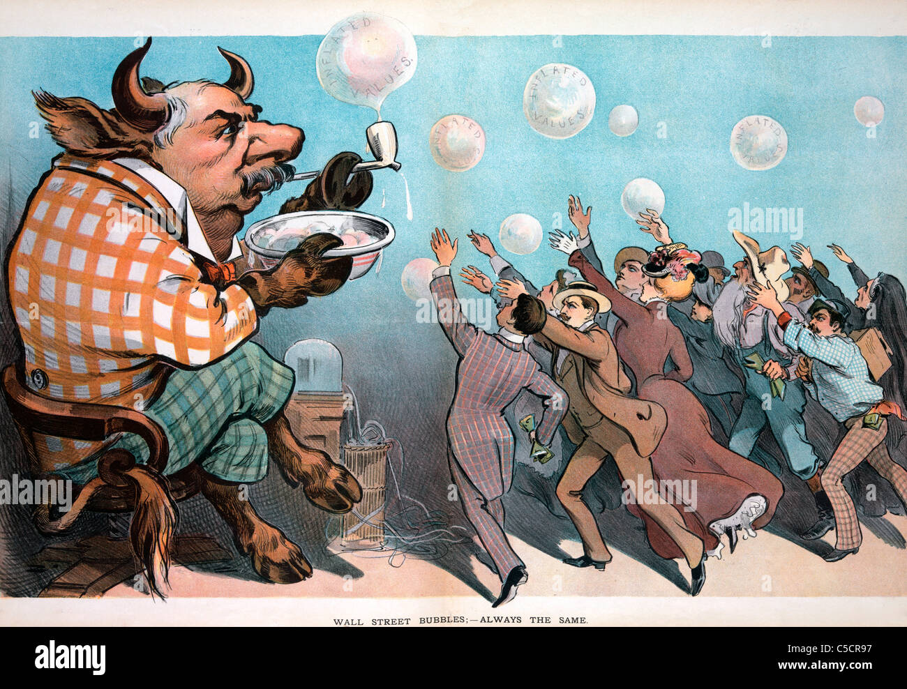 Wall Street Bubbles - immer das gleiche - Karikatur von John Pierpont Morgan als ein Stier, Seifenblasen, ca. 1901 Stockfoto