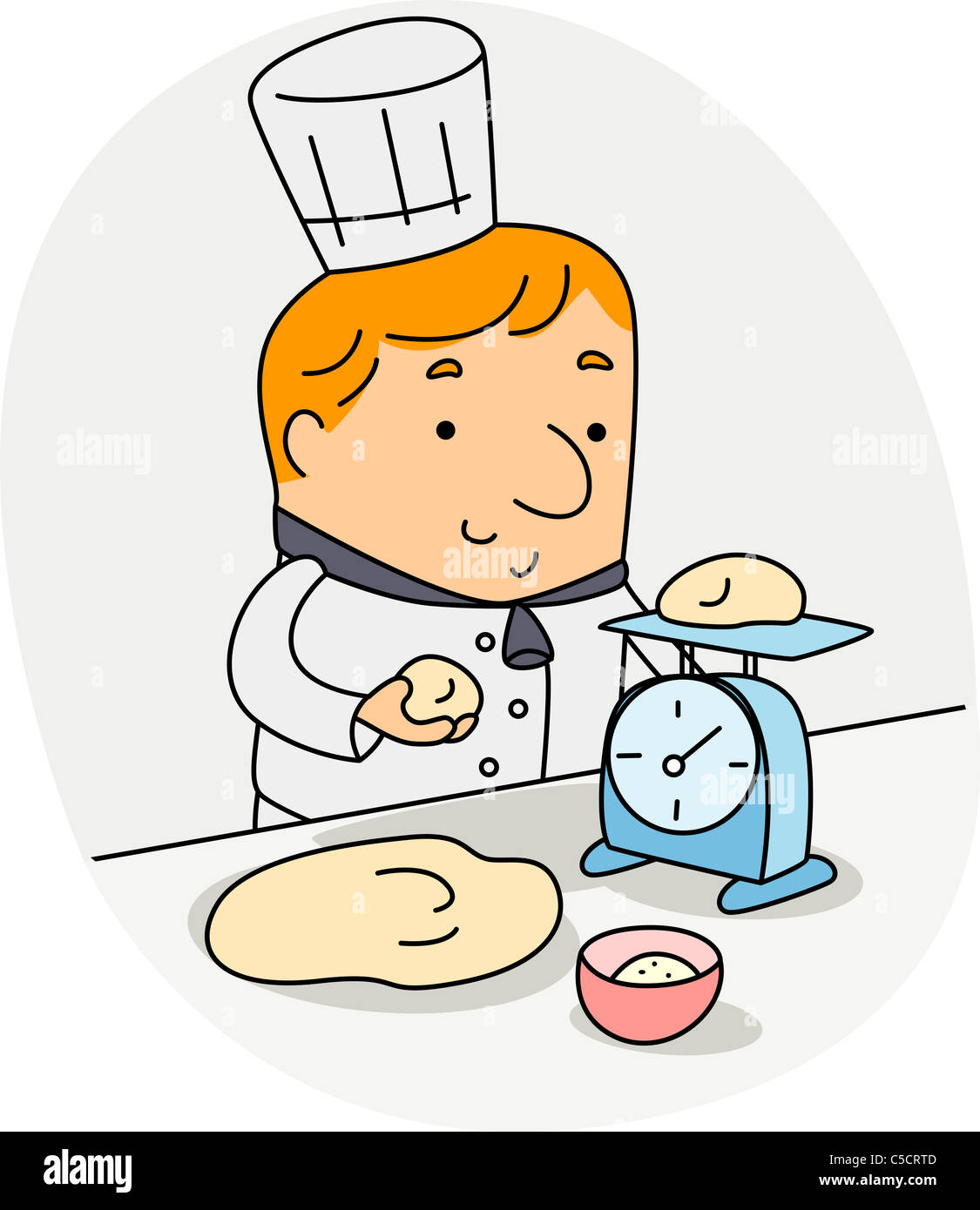 Abbildung eines Bäckers mit einem Gewicht von Zutaten Stockfoto