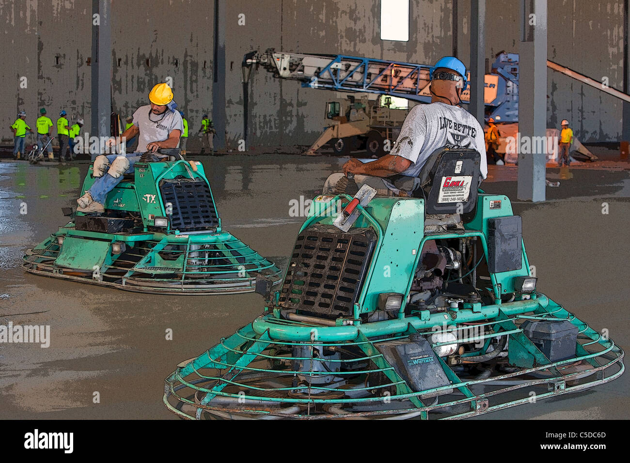 Zement Polierer Reiten Flügelglättmaschinen über frisch gegossenen Beton kann die Oberfläche um eine glasartige Oberfläche glätten! Stockfoto