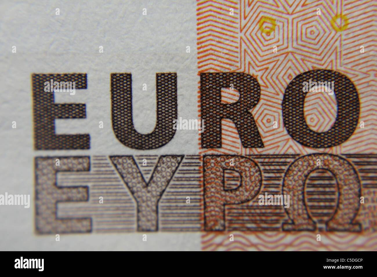 Nahaufnahme von einem 50-Euro-Note zeigt das Wort EURO Stockfoto