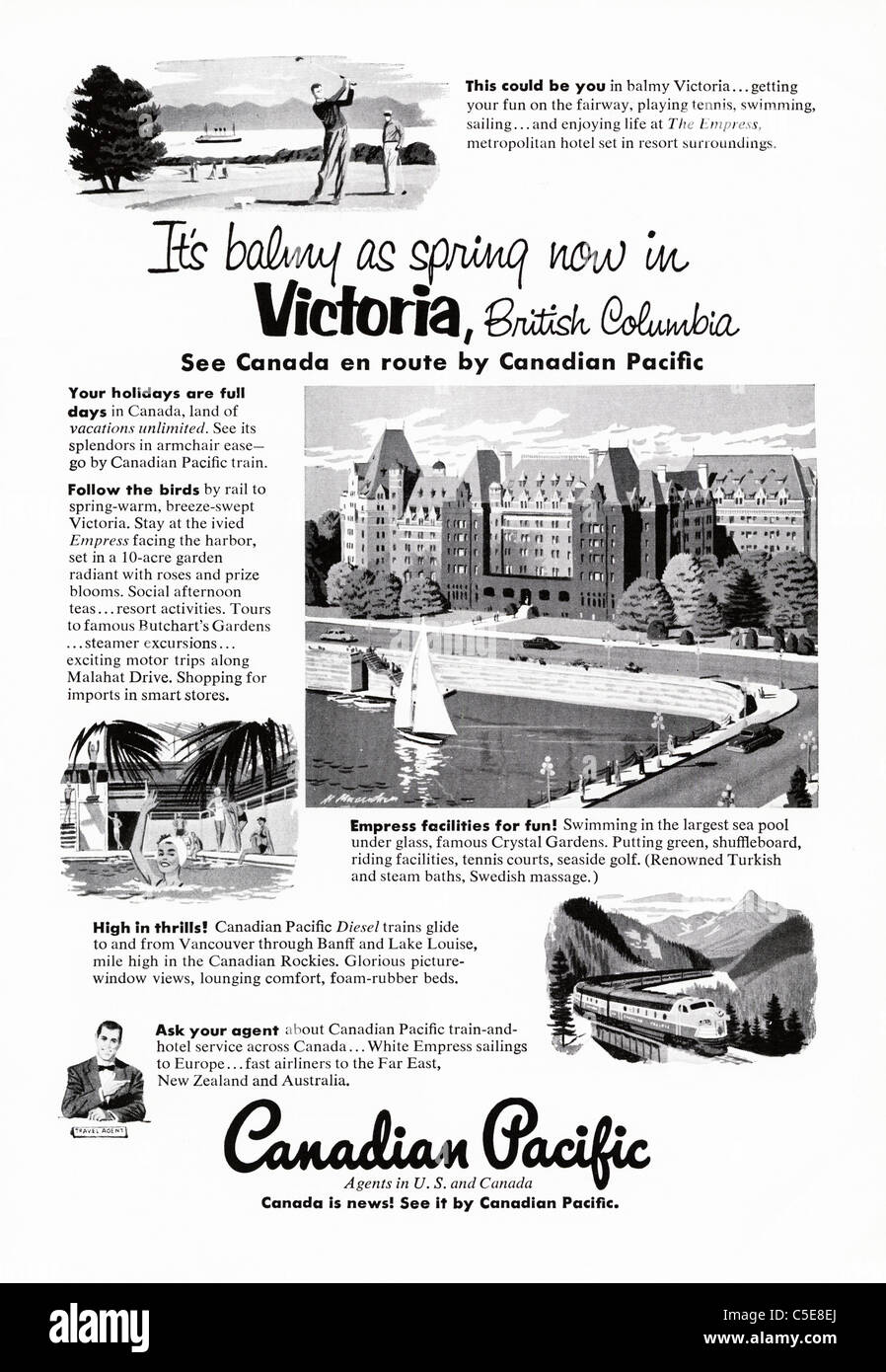Original 50s Anzeige in der amerikanischen Zeitschrift Werbung Canadian Pacific Railway Stockfoto Original 50s Anzeige in der amerikanischen Zeitschrift Werbung Canadian Pacific Railway Stockfoto