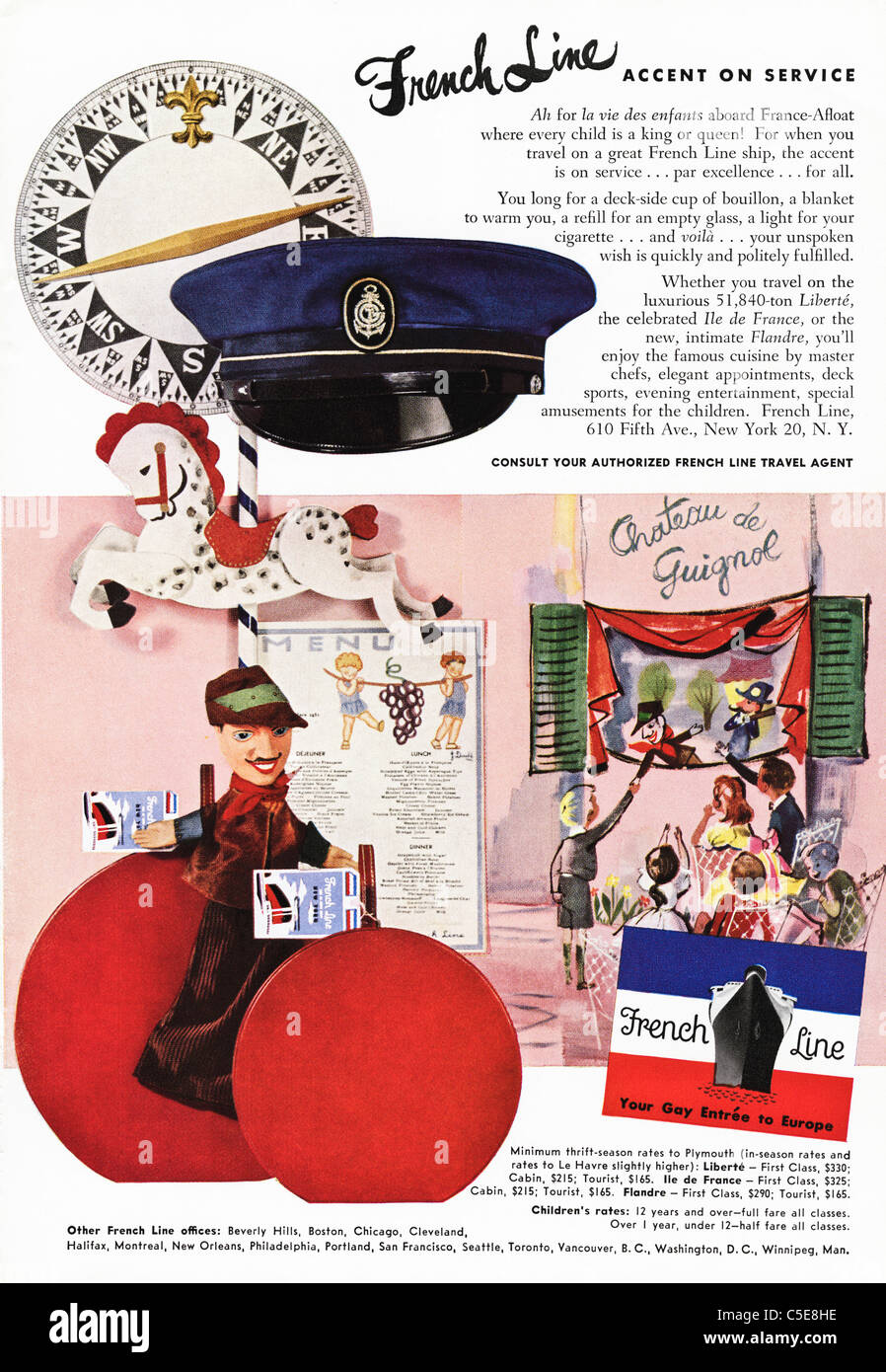 Original 1950er-Jahre-Anzeige in der amerikanischen Zeitschrift Werbung französische Linie Schiffe Stockfoto