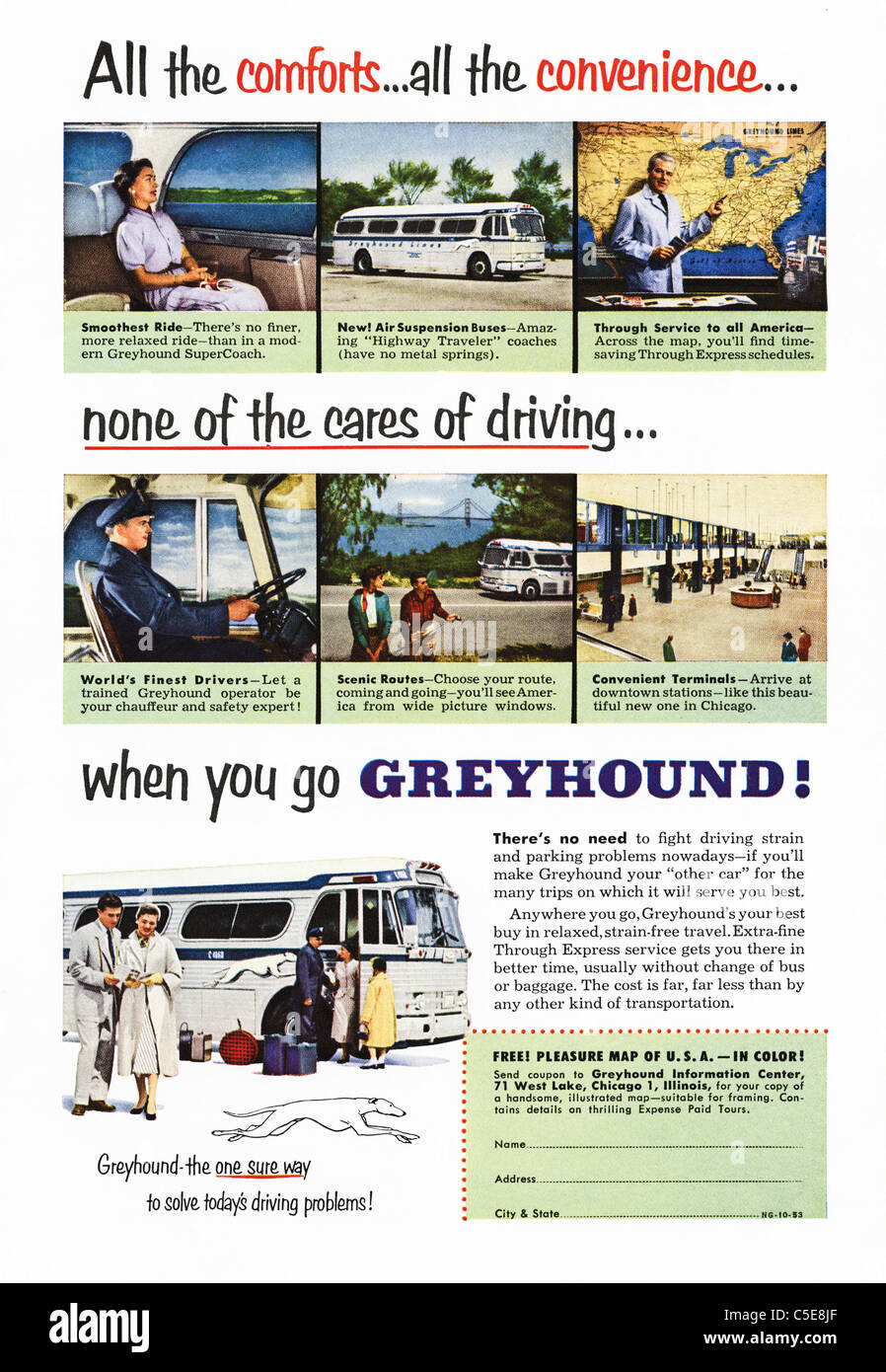 Original 1950er Jahre Anzeige im amerikanischen Magazin Werbung GREYHOUND-Busse Stockfoto