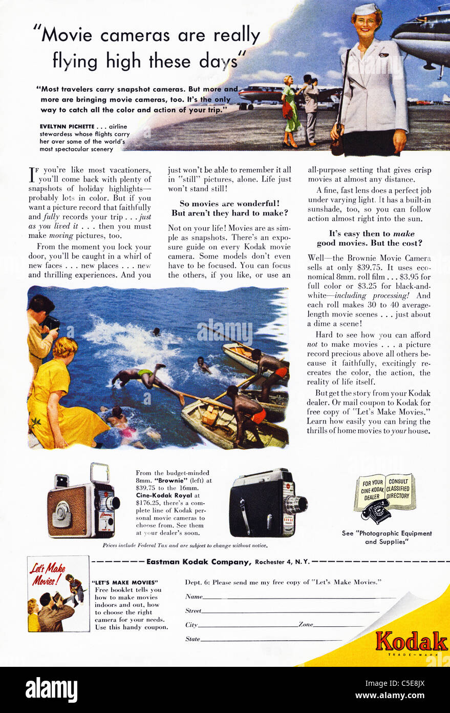 Original 1950er Jahre Anzeige in amerikanischen Zeitschriftenwerbung EASTMAN KODAK Cine-Kameras Stockfoto