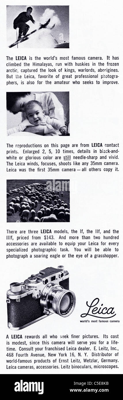 Original 1950er Jahre Anzeige in amerikanischen Zeitschriftenwerbung LEICA Filmkameras Stockfoto