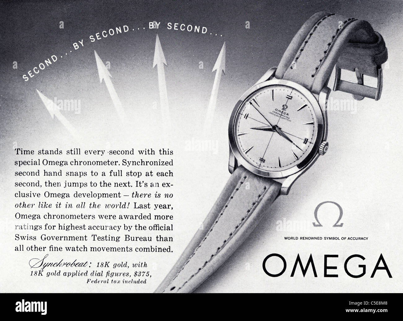 Original 1950er Jahre Anzeige in amerikanischen Zeitschriftenwerbung OMEGA Armbanduhren Stockfoto