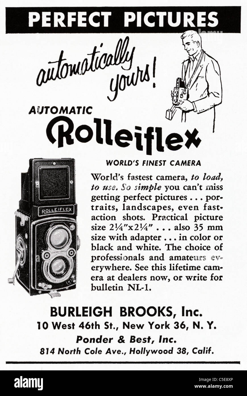 Original 1950er Jahre Anzeige in amerikanischen Zeitschriftenwerbung ROLLEIFLEX Mittelformat-Film-Kameras Stockfoto