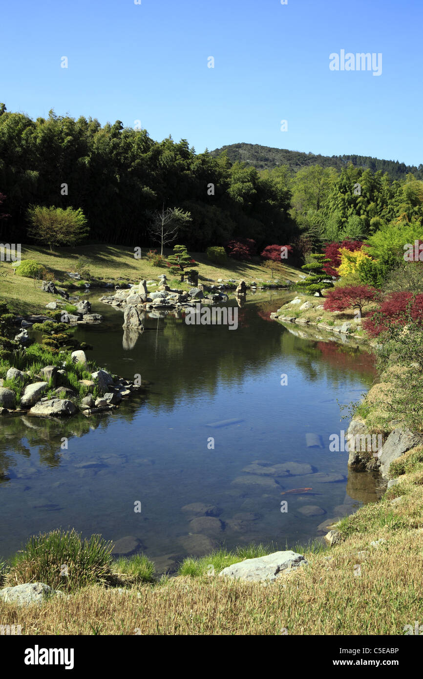 Japanischer Garten in der Bambouseraie Prafrance, Anduze, Languedoc-Roussillon, Frankreich. Stockfoto