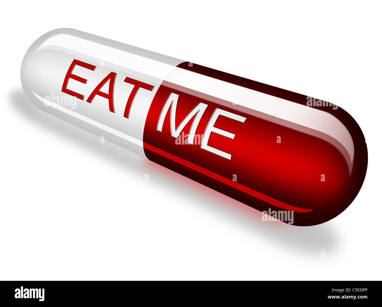 Rote und weiße Kapsel mit EAT ME Prägung auf der Seite. KONZEPTABBILDUNG weißer Hintergrundausschnitt Stockfoto