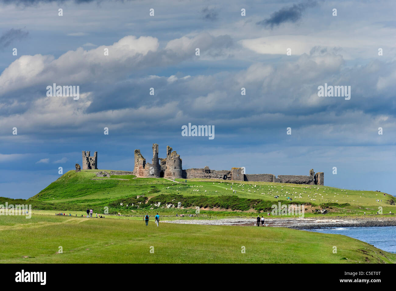 Wanderer auf dem Weg zwischen Craster und Dunstanburgh Castle in Northumberland Küste, Nord-Ost-England, Großbritannien Stockfoto