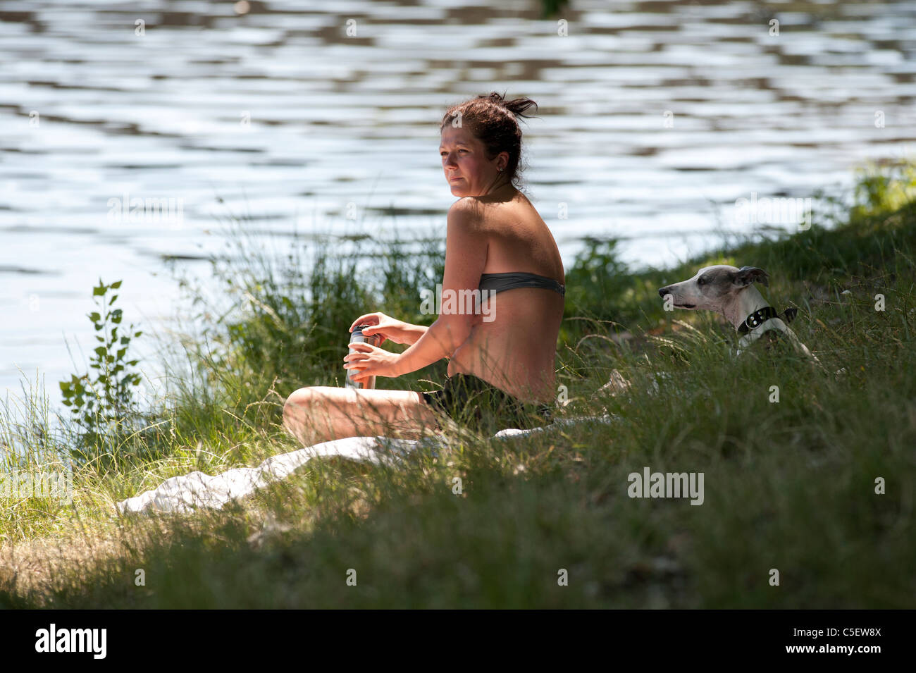 Junge Dame mit einem Hund am Ufer des Flusses Stockfoto