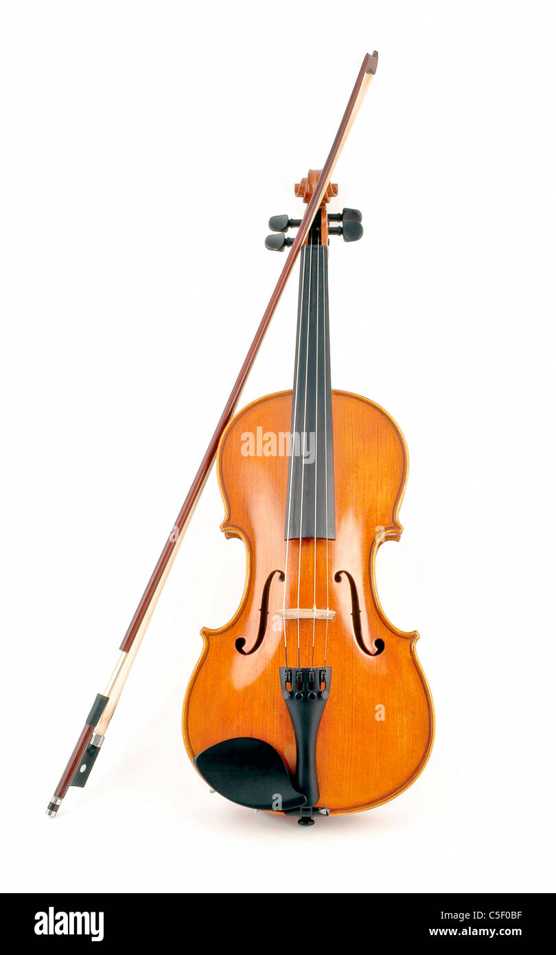 Italienische Violine aus Holz Akkord Details auf weißem Hintergrund Stockfoto