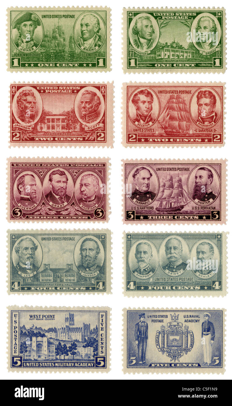 1935-1939 commemorative US-Briefmarken für die Armee und Marine. Stockfoto