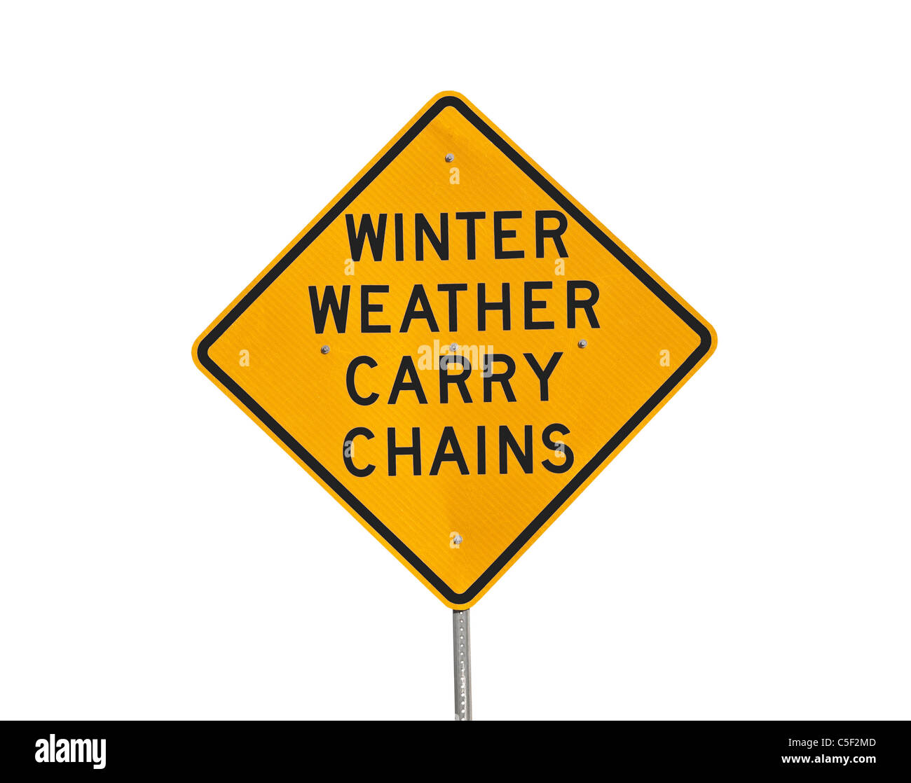 Winterwetter tragen Ketten Warnzeichen isoliert auf weiss. Stockfoto