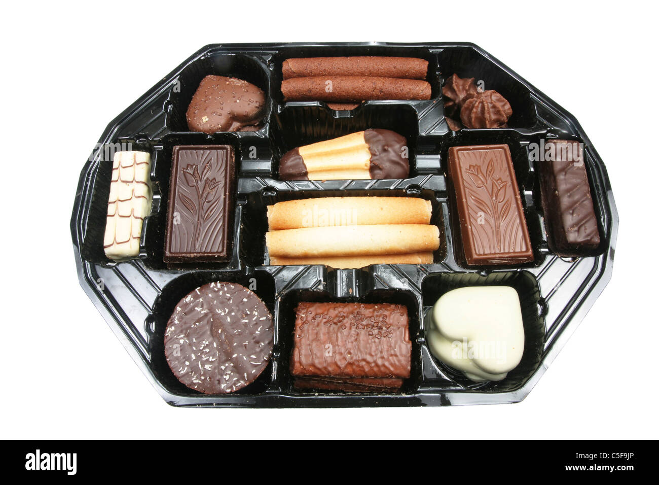 Tablett mit belgischer Schokolade Kekse auf weiß Stockfoto