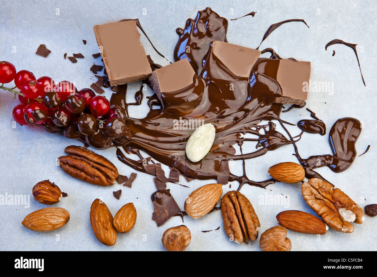 glatte Schokoladenstücke mit Schokoladensauce und Nüssen und roten Johannisbeeren Stockfoto