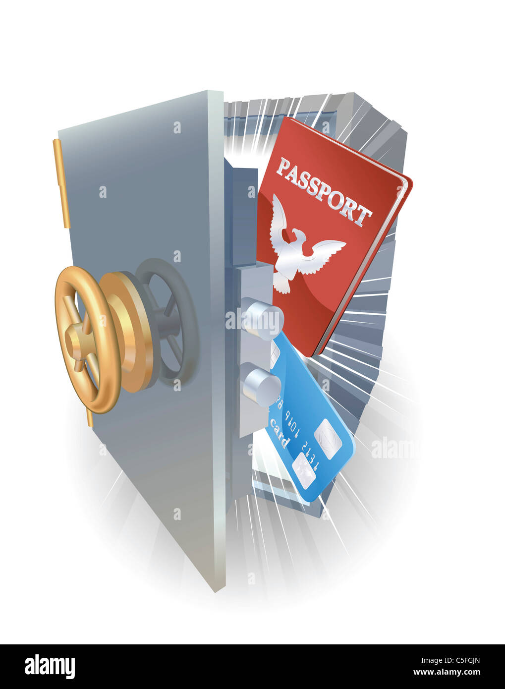 Identität-Schutzkonzept. Kreditkarte und Pass aus Metall sicher. Stockfoto