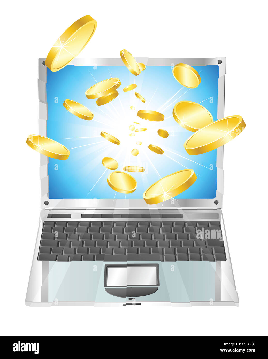 Konzeptionelle Darstellung. Geld in Form von Goldmünzen herausfliegen Laptop-Computer. Stockfoto