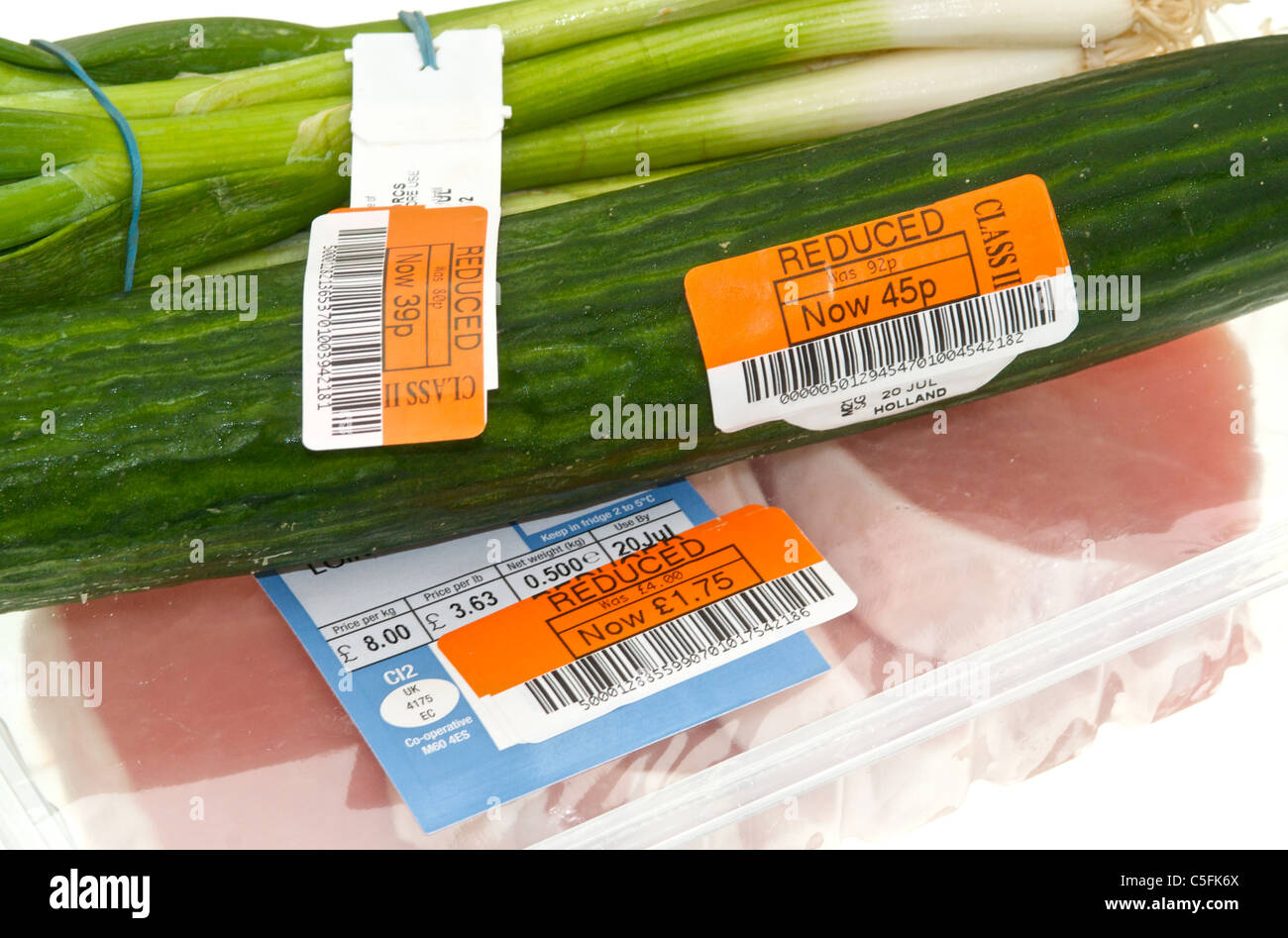 Sonderpreis-Etiketten auf Lebensmitteln Stockfoto