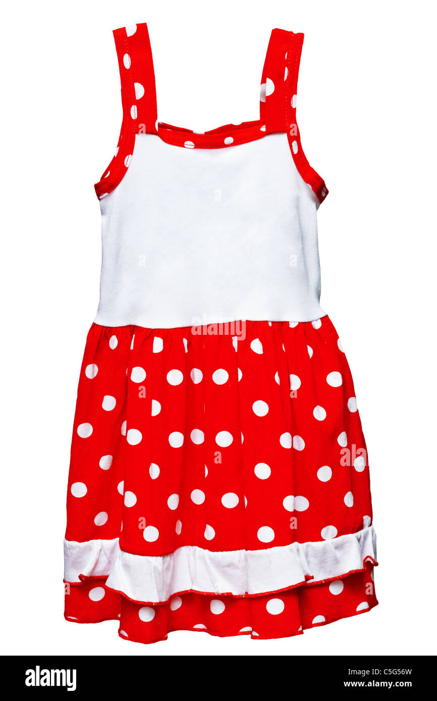 Kleine rote Polka Dot Kleid für Mädchen, die isoliert auf weißem Hintergrund Stockfoto