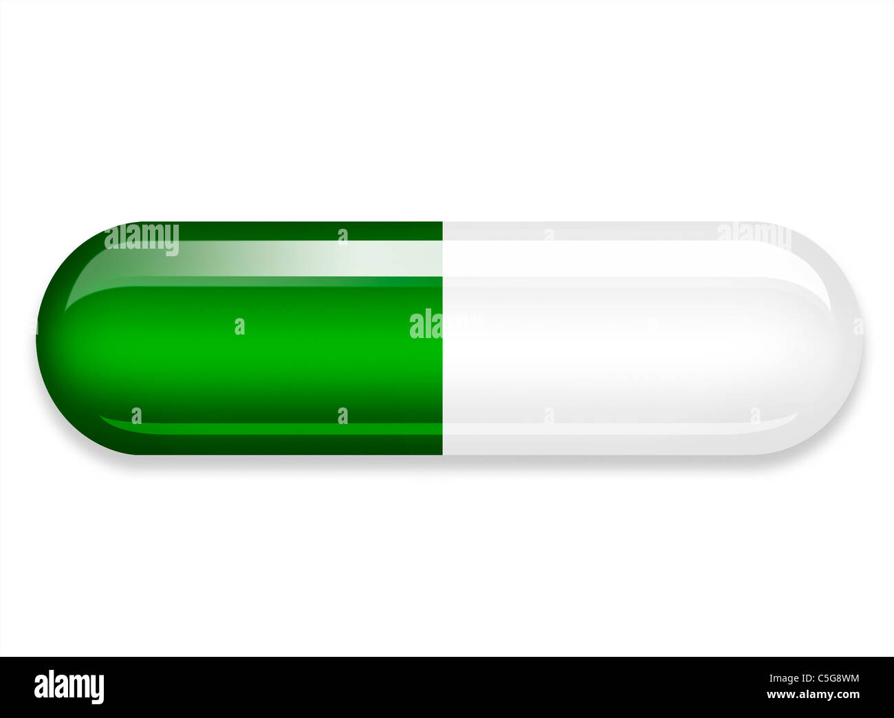 Abbildung eines einzigen generischen grüne und weiße Kapsel mit Schlagschatten auf weißem Hintergrund Stockfoto