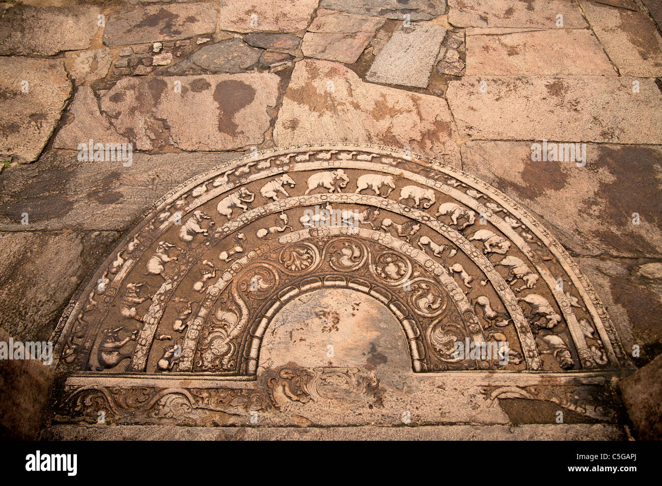 rund die Hälfte Mondstein bei den Ruinen von Polonnaruwa, UNESCO-Weltkulturerbe, Sri Lanka, Asien Stockfoto