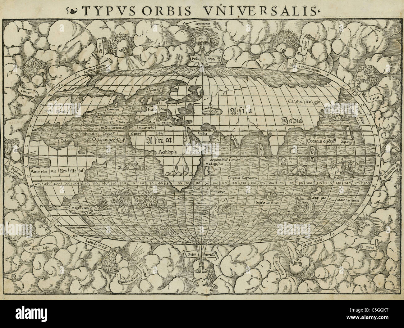 Typus Orbis Universalis - Antiquarische Weltkarte - Antike-Weltkarte von Sebastian Münster um 1560 Stockfoto