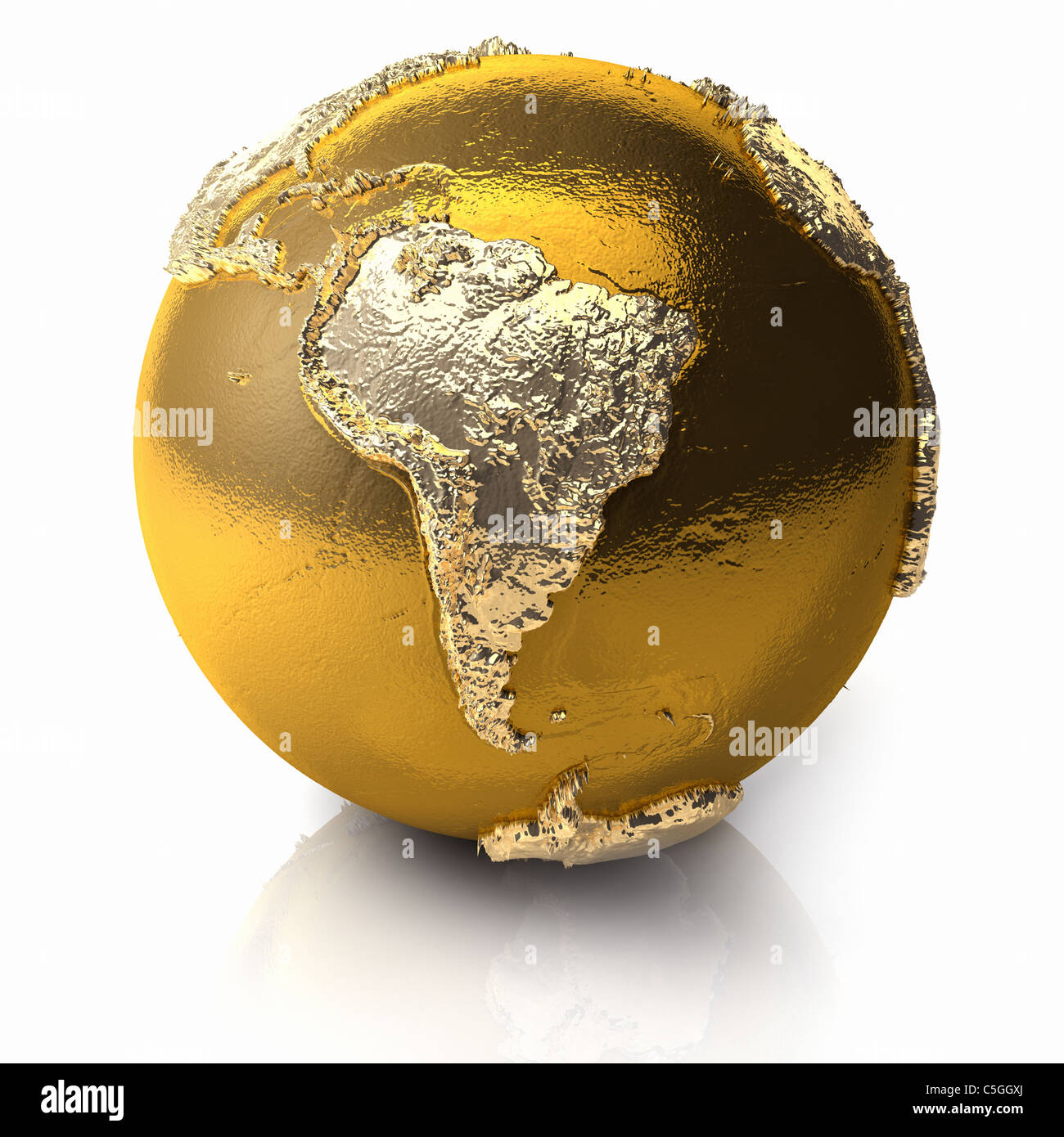Gold Kugel mit realistischen Topographie und Lichtreflexionen, Metall Erde - Südamerika, 3d render Stockfoto