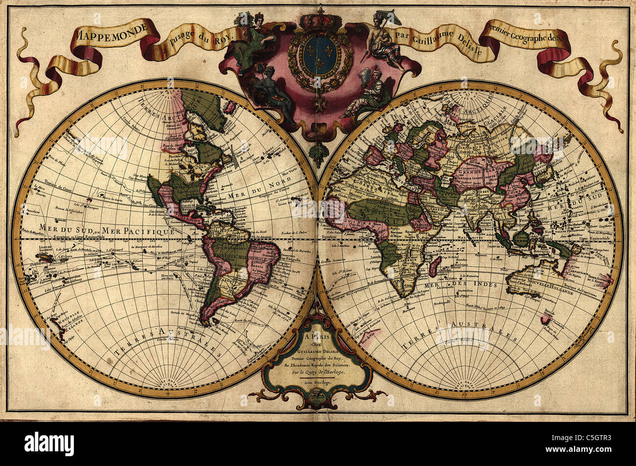 Mappemonde eine Usage du Roy - antike Weltkarte von Guillaume de l ' Isle, 1720 Stockfoto