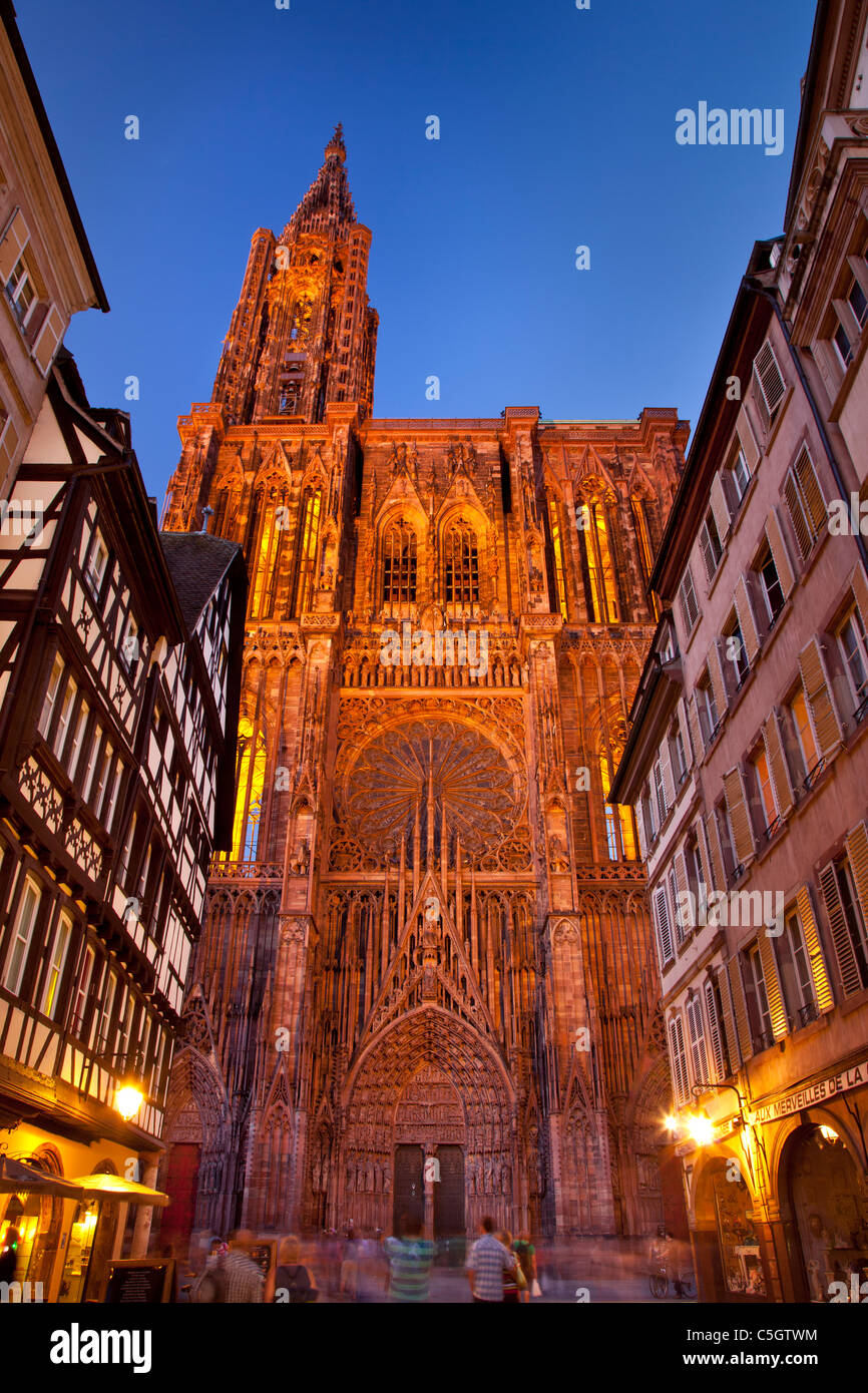Die massive und wunderschön detaillierte Straßburger Münster in der Dämmerung, Frankreich Elsaß Bas-Rhin Stockfoto