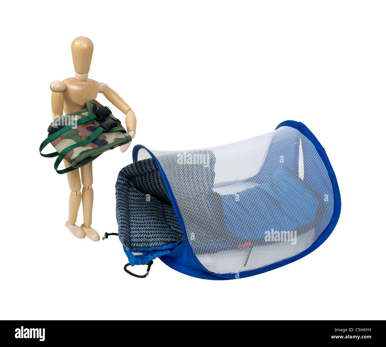 Modell mit einem Rucksack und Schlafsack mit einem Campingzelt für den Genuss im freien - Pfad enthalten Stockfoto