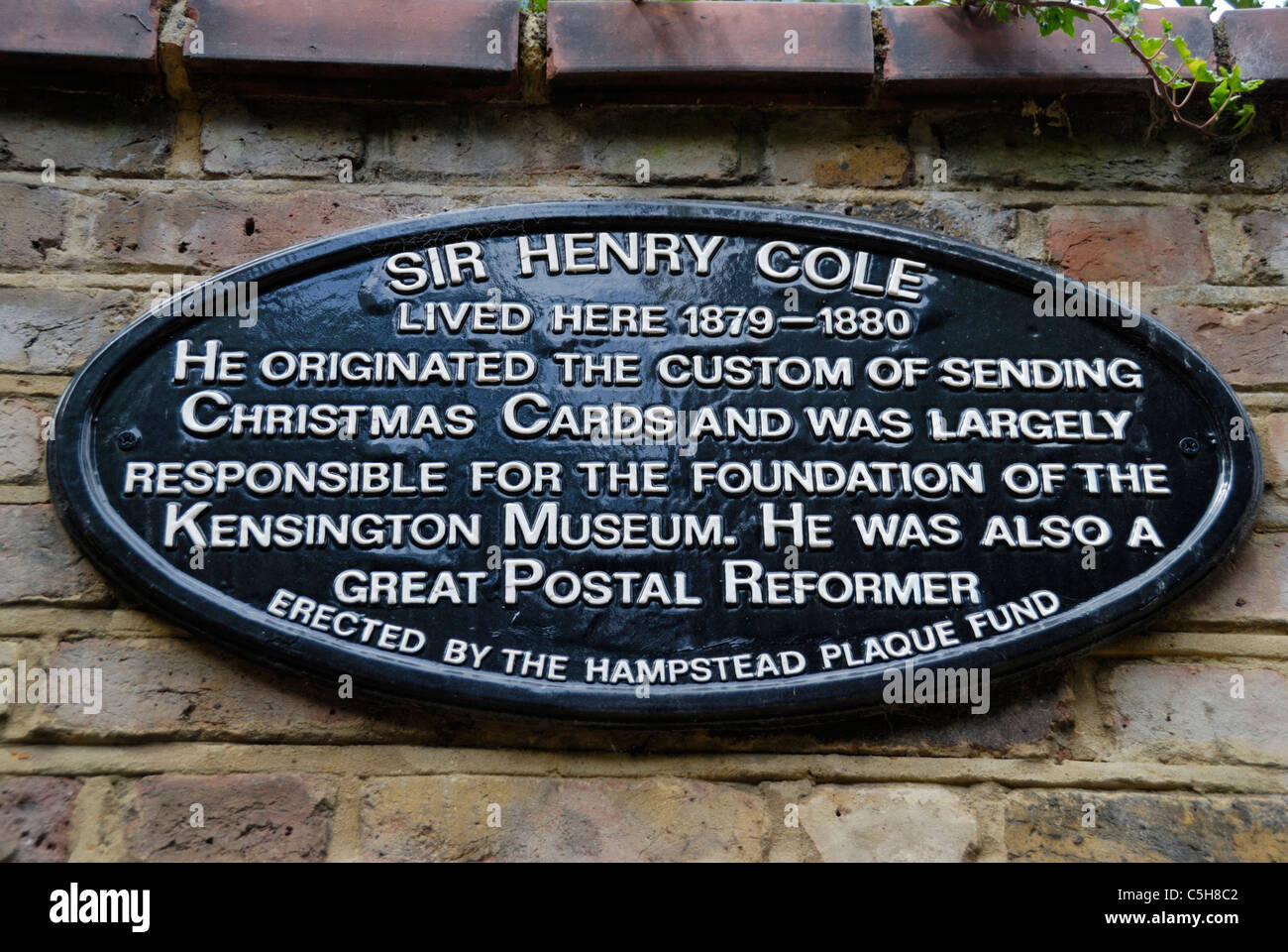 Plakette markiert die ehemalige Heimat von Sir Henry Cole, Elm-Reihe, Hampstead, London, England Stockfoto