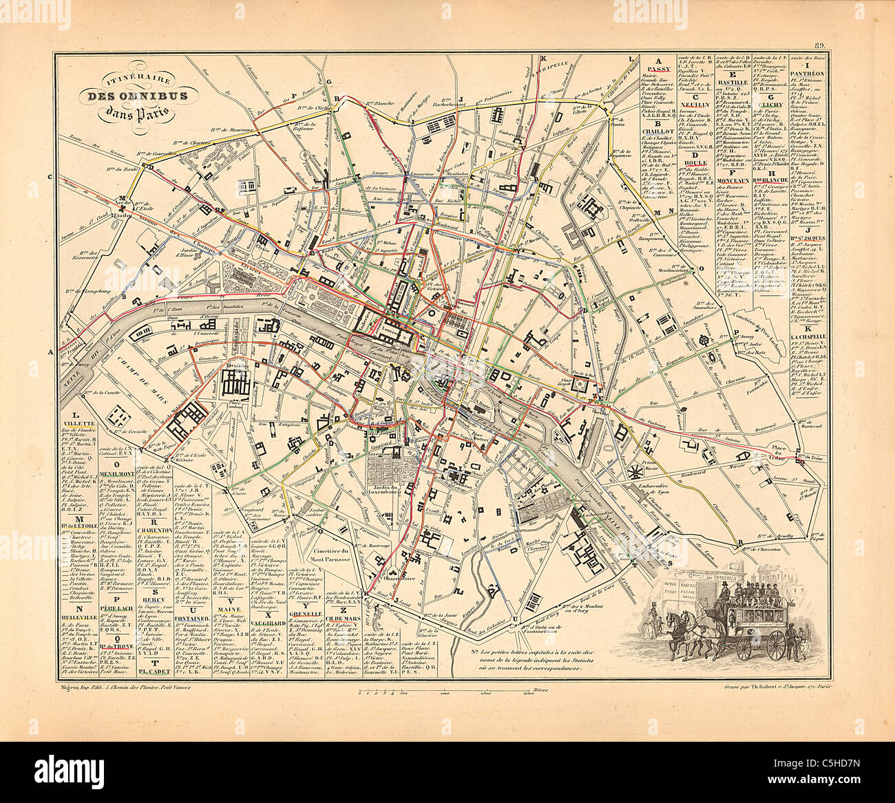 Itineraire des Omnibus dans Paris (Buslinien) Karte von 1858 französischen Atlas' Frankreich und seinen Kolonien" (La France et ses Kolonien) von Alexandre Vuillemin Stockfoto
