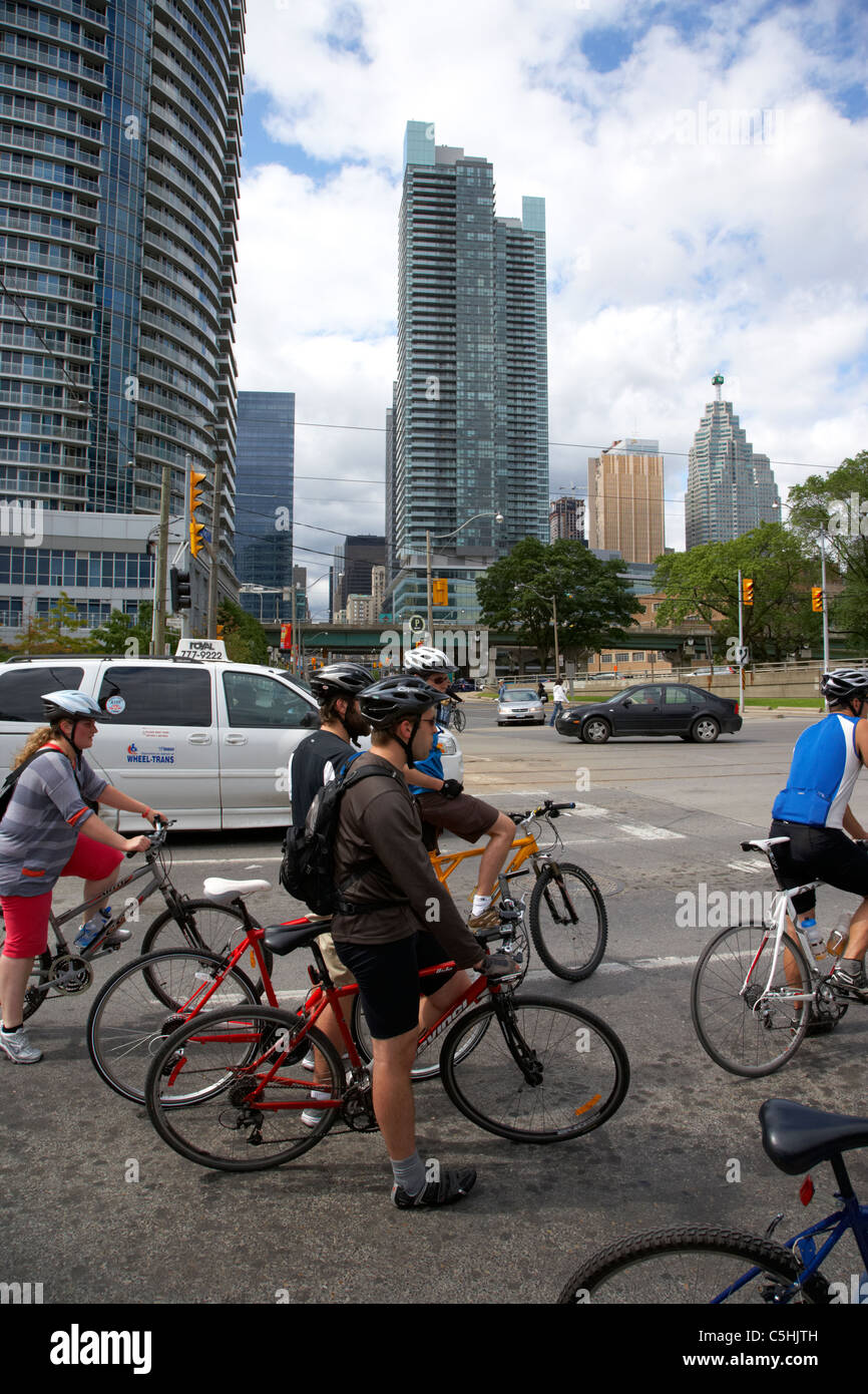 Radfahrer am Queens Quay west warten an der Ampel Toronto Ontario Kanada Stockfoto