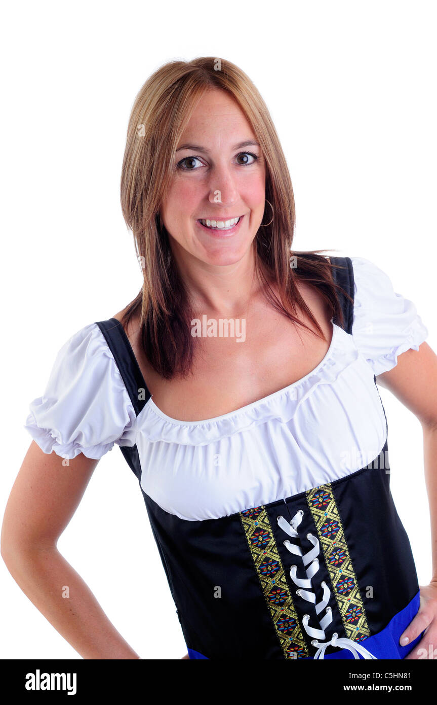 Schöne Frau in einem traditionellen Dirndl Kostüm Oktoberfest feiern Stockfoto