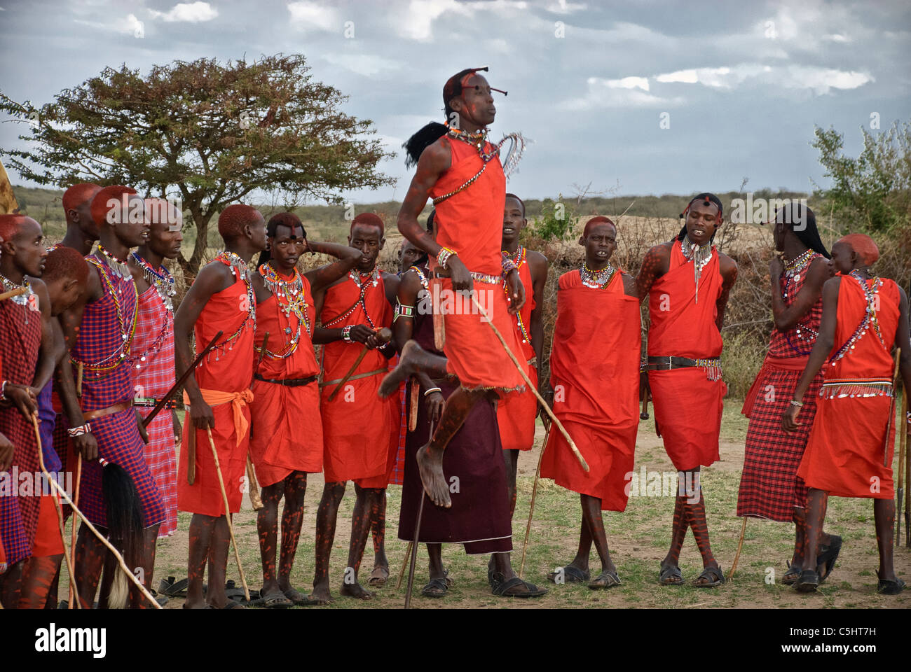 Tanzen Sie Masai Männer, tun ein springen, tragen traditionelle Kleidung in einem Dorf in der Masai Mara, Kenia, Afrika Stockfoto