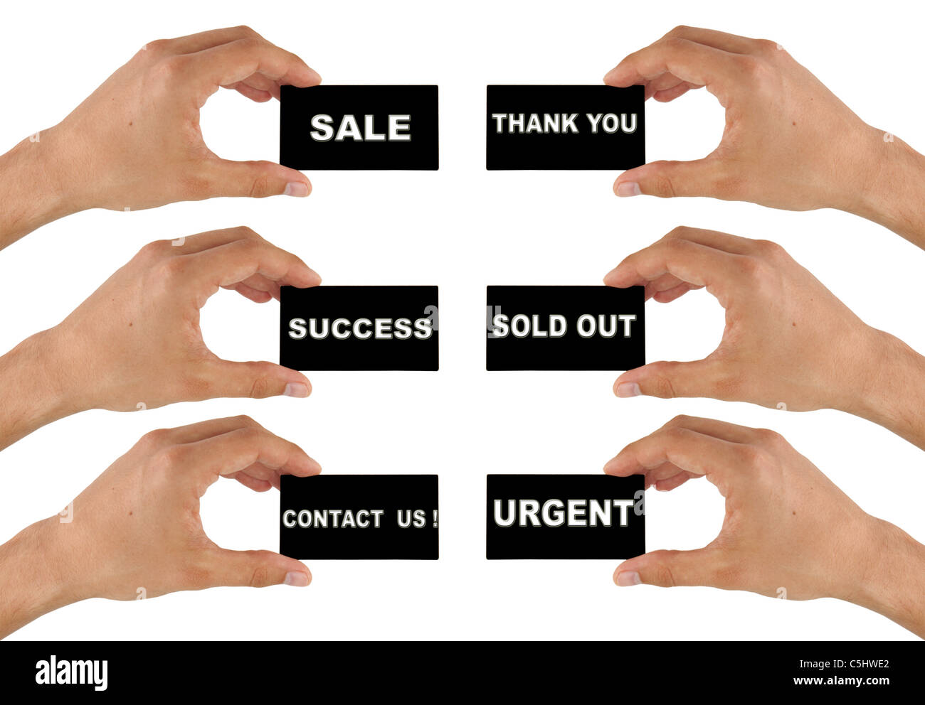schwarzen Visitenkarte in der Hand auf weißem Hintergrund mit Text: kontaktieren Sie uns, Erfolg, Verkauf, vielen Dank, ausverkauft, dringende Stockfoto