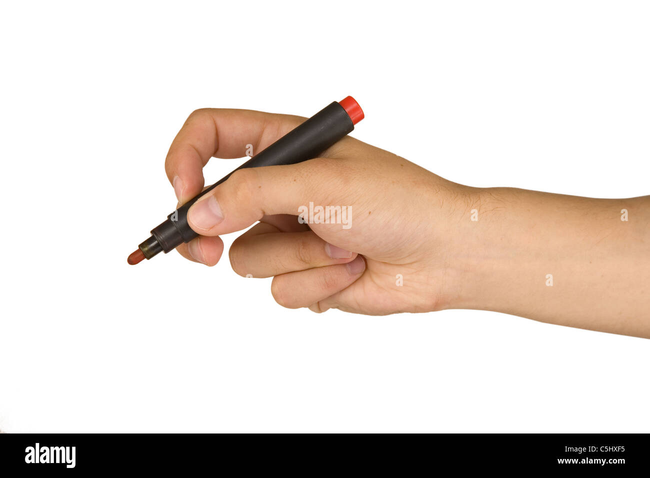 männliche Hand mit roten Markierung isoliert auf weißem Hintergrund Stockfoto
